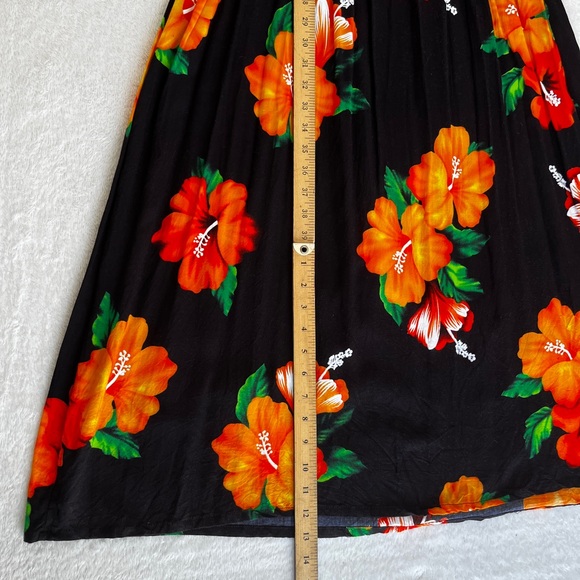Women Maxi Dress Tropical Floral Smocked Black Orange Rayon OS - Picture 7 of 10